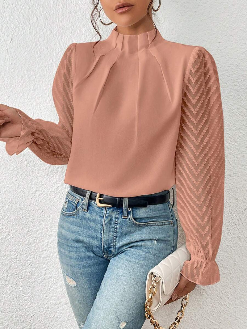 Half-turtleneck Stitching Wavy Chiffon Long-sleeved