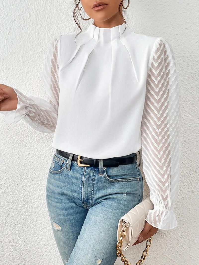 Half-turtleneck Stitching Wavy Chiffon Long-sleeved