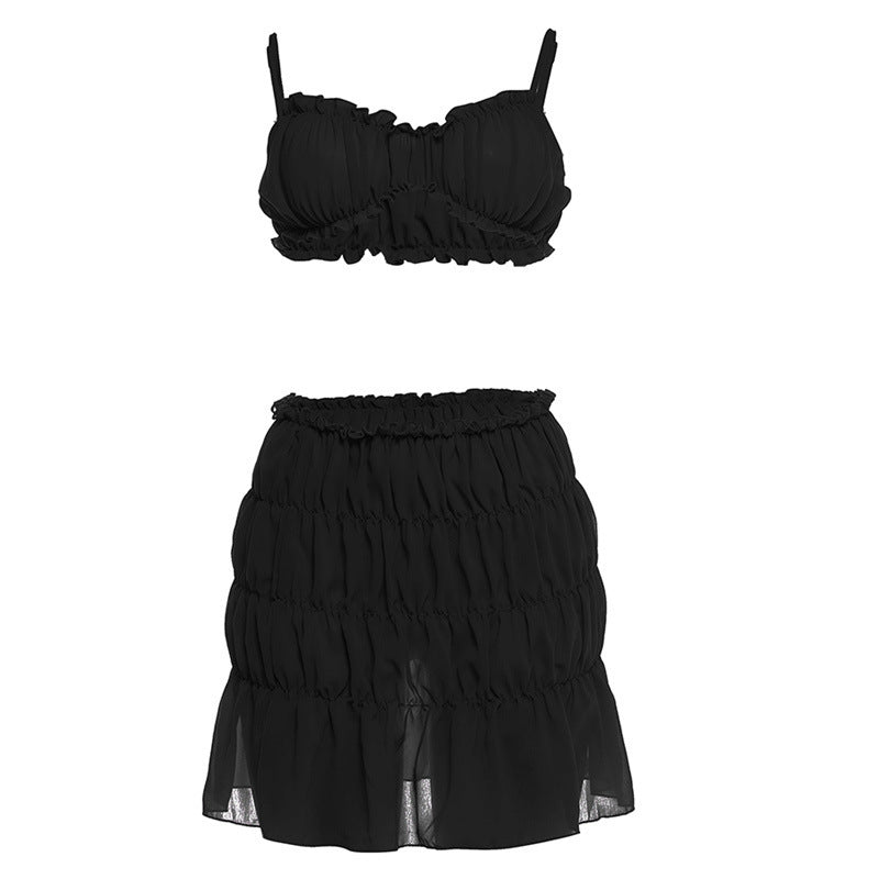 Sling Backless Pleated Skirt Two-piece