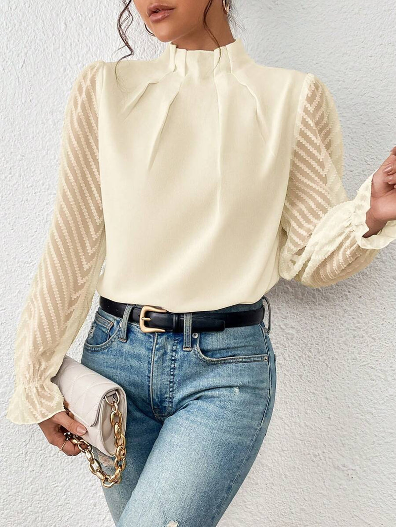 Half-turtleneck Stitching Wavy Chiffon Long-sleeved