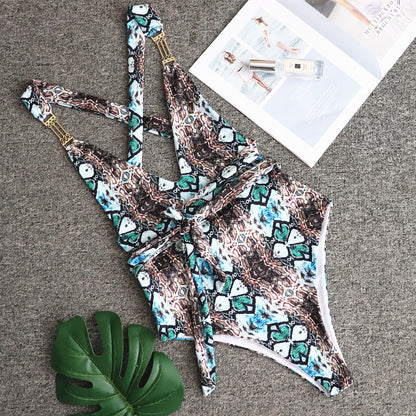 Snake Print Backless Bikini