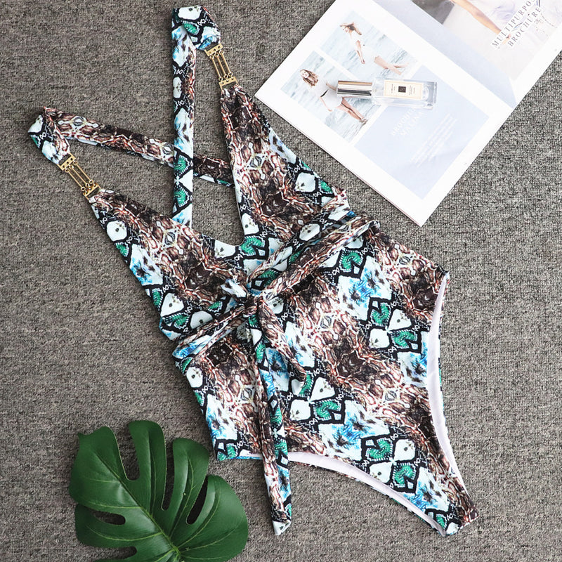 Snake Print Backless Bikini
