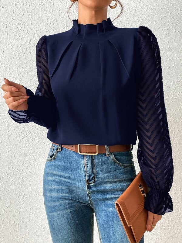 Half-turtleneck Stitching Wavy Chiffon Long-sleeved