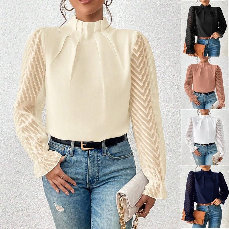 Half-turtleneck Stitching Wavy Chiffon Long-sleeved