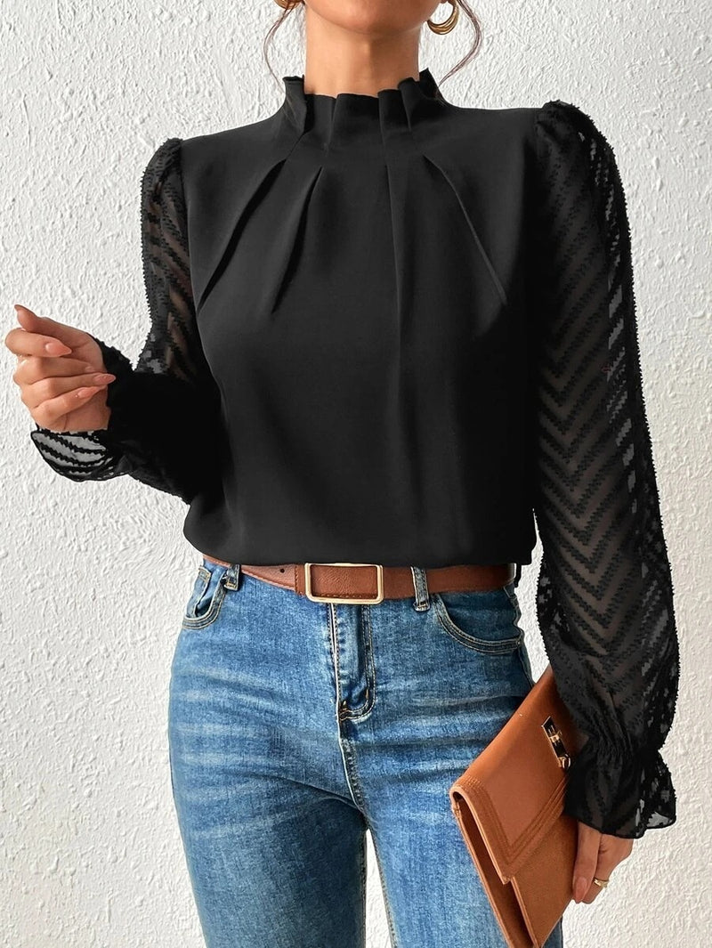 Half-turtleneck Stitching Wavy Chiffon Long-sleeved