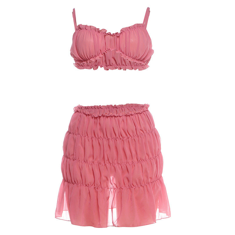 Sling Backless Pleated Skirt Two-piece